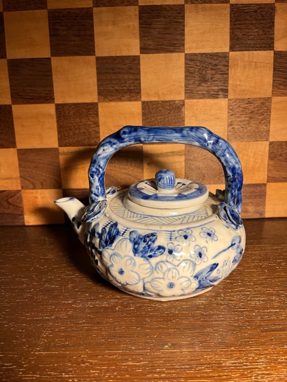 Decorative Blue and White Floral Chinoiserie Asian Tea Pot